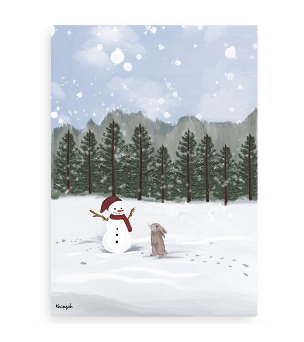 kerstkaart sneeuwpop met konijntje
